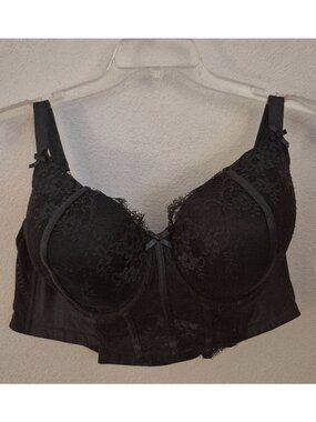 Lane Bryant Cacique Lightly Lined Longline Black Balconette Lace Bra 46D NWOT